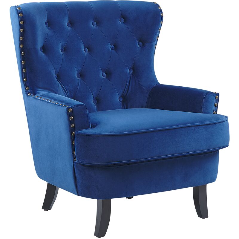 fauteuil type bergère chesterfield en velours bleu foncé avec accoudoirs à clous haut dossier capitonné pour salon vintage rétro - bois foncé