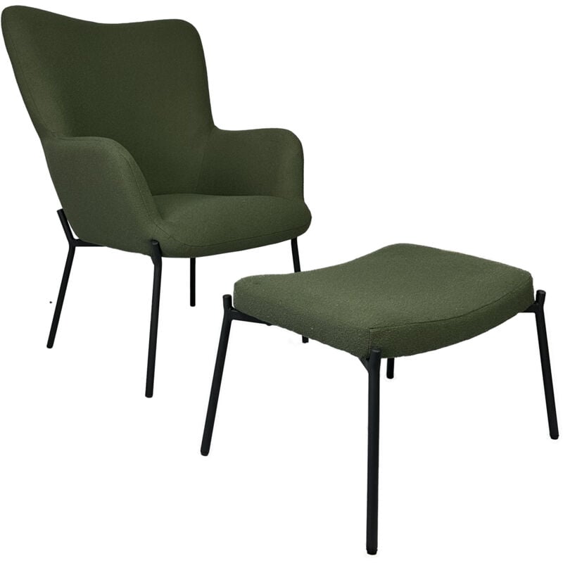 Happy Garden - Fauteuil en tissu boucle vert kaki avec repose-pieds eira