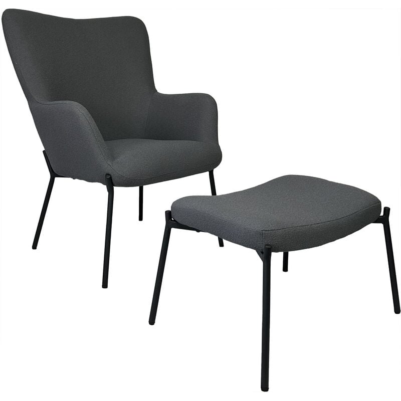 Happy Garden - Fauteuil en tissu boucle gris avec repose-pieds eira