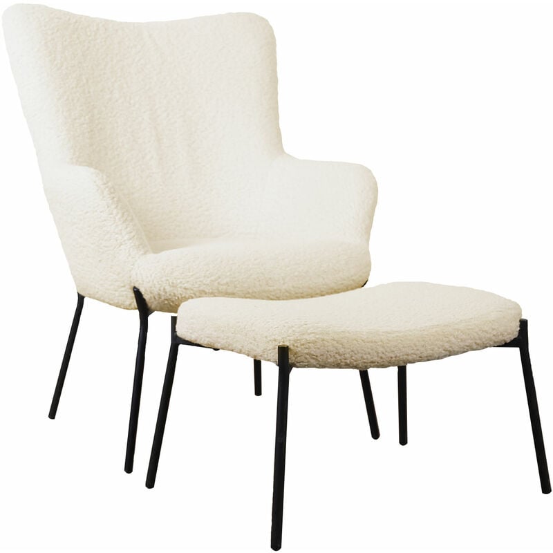 Happy Garden - Fauteuil en tissu bouclette écru avec repose-pieds eira