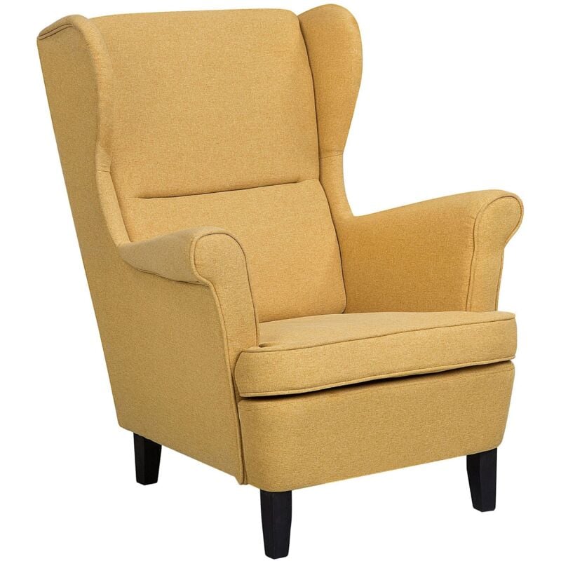 Fauteuil Bergère Haut Dossier Tapissé en Tissu Jaune Clair de Qualité pour Salon Style Vintage Rétro et Scandinave Beliani