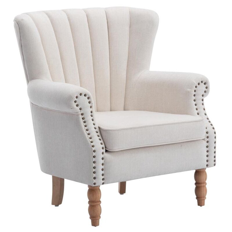 Vente-unique - Fauteuil en tissu crème finition cloutée batoumi