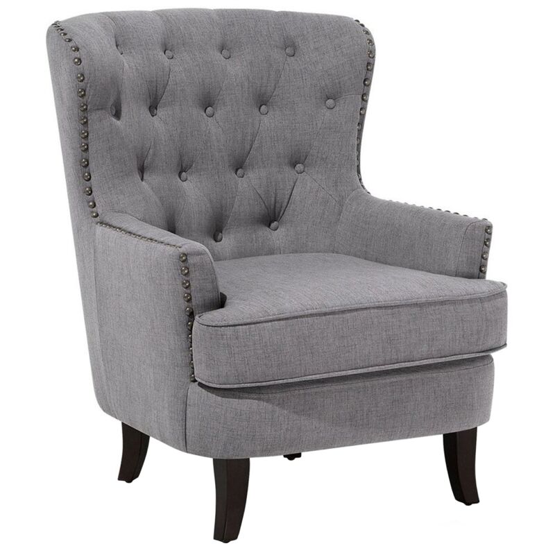 beliani - fauteuil chesterfield en tissu gris clair haut dossier à clous pieds courbes viborg - bois foncé