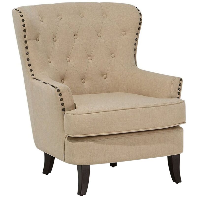 Fauteuil Chesterfield En Tissu Beige Haut Dossier à Clous Pieds Courbes Viborg