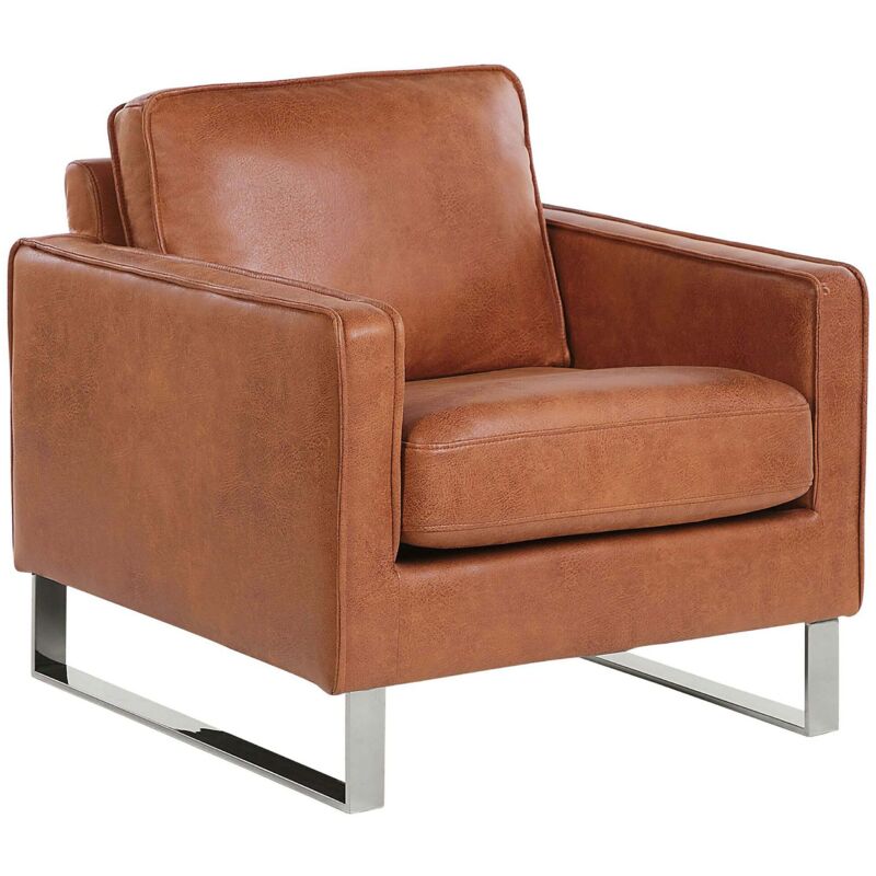 Fauteuil Tapissé en Cuir PU Marron sur Cadre en Acier Inox Design Ultra Moderne Idéal pour Salon au Style Contemporain Beliani