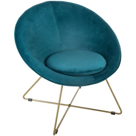 Pouf Rond Velours Bleu Canard 40cm - Atmosphera Créateur D'Intérieur - Rembourrage Mousse - Design Moderne Et Confortable