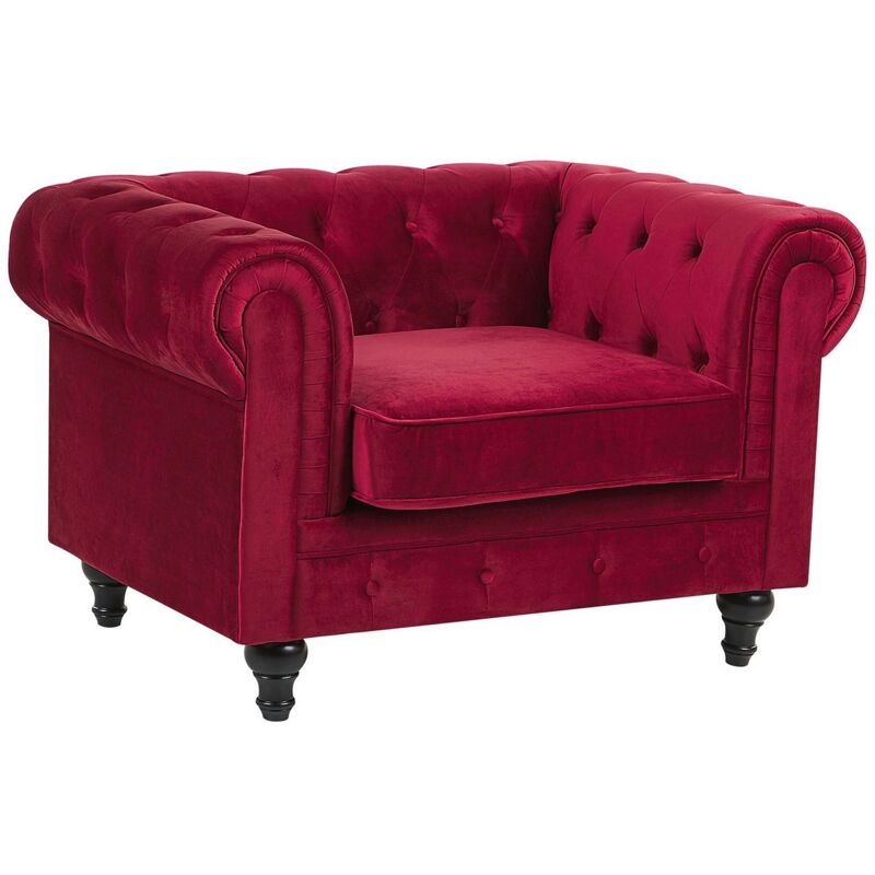 Fauteuil en Velours Rouge Dossier à Points Diamant Style Classique Chesterfield