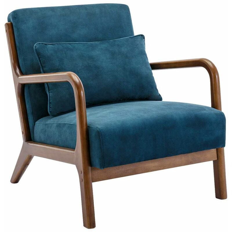 Sweeek - Fauteuil en velours bleu pétrole. pieds bois d'hévéa teinté noyer clair. 1 place droit fixe. pieds compas scandinave