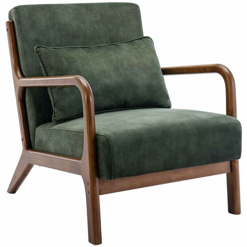 Fauteuil en velours kaki foncé. pieds bois d'hévéa teinté noyer clair. 1 place droit fixe. pieds compas scandinave