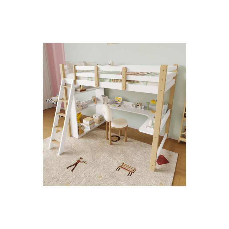 Lit mezzanine enfant 90x200 cm, lit simple avec bureau et étagère, échelle, barrières, bois massif, sans matelas, blanc et naturel