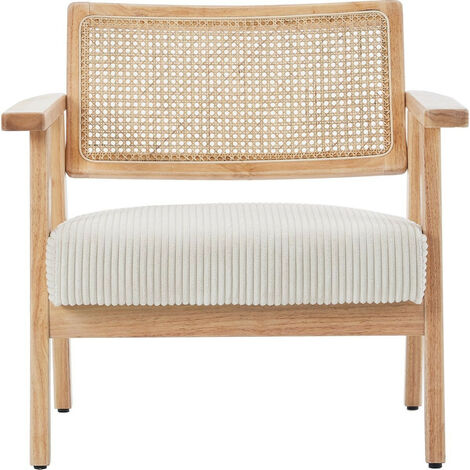 Fauteuil en velours côtelé beige et cannage naturel - Tim