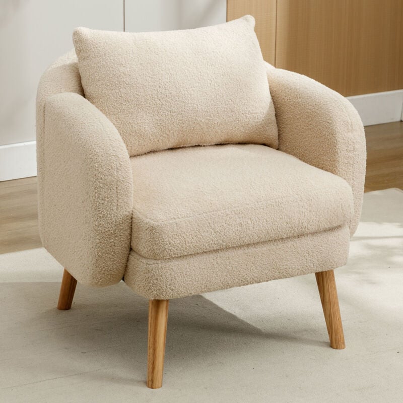 Wishdor - Fauteuil en velours en peluche avec coussin, fauteuil canapé simple, pieds en bois, beige