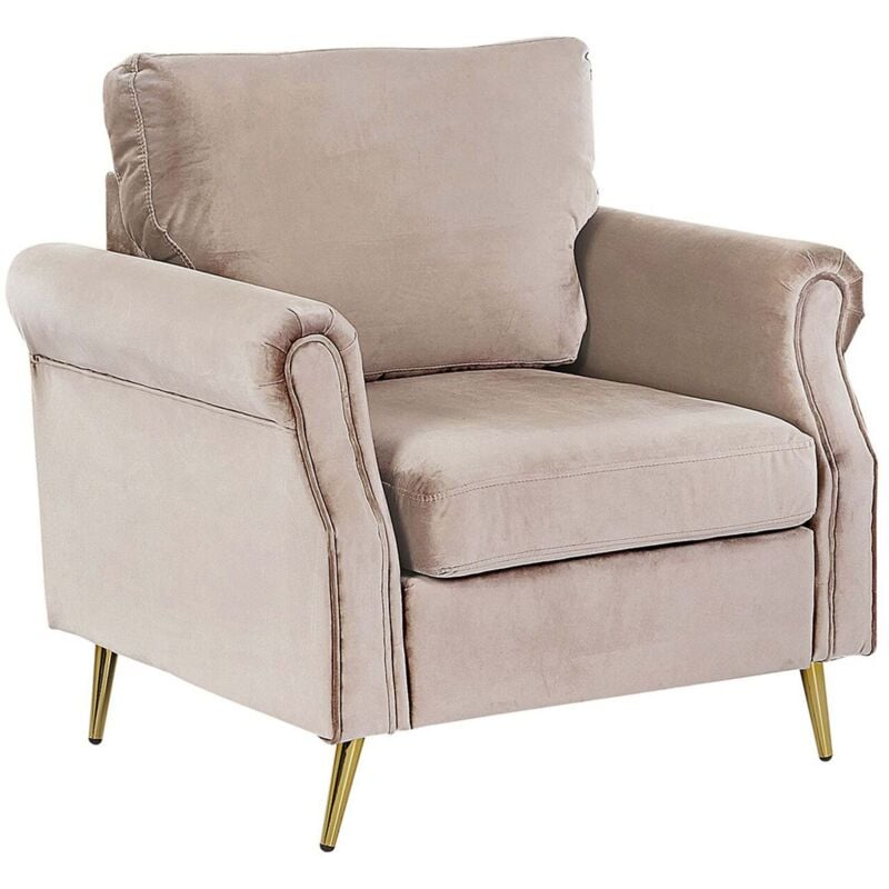 Fauteuil Rembourré en Velours Taupe avec Pieds en Acier Doré Ajout Parfait à Chaque Chambre ou Salon Glamour Classique et Traditionnel Beliani