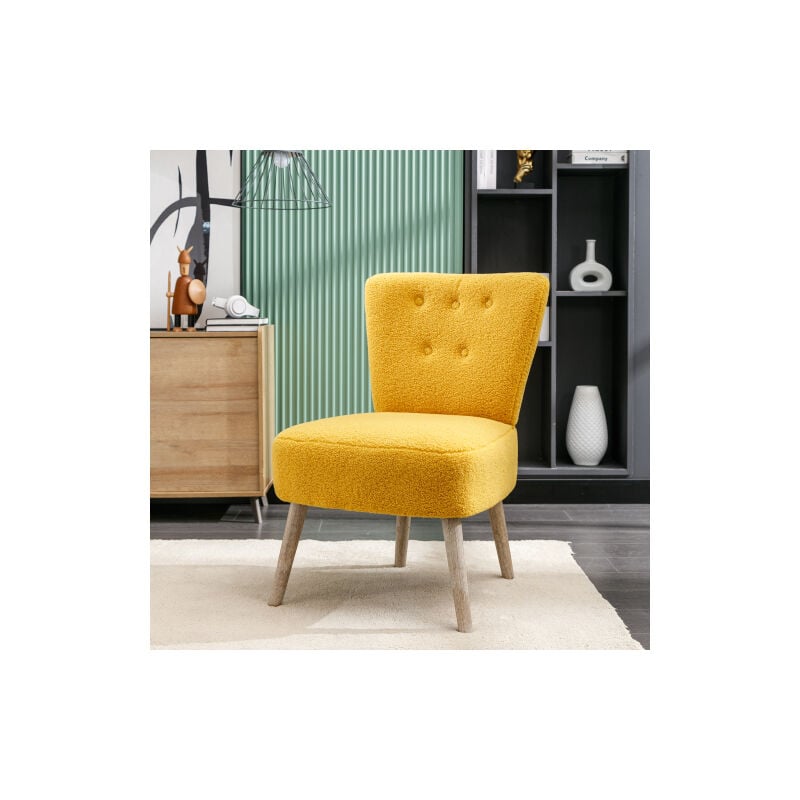 Fauteuil en velours Teddy, fauteuil capitonné avec pieds réglables en bois, sans accoudoirs, pour salon, chambre, maison, jaune