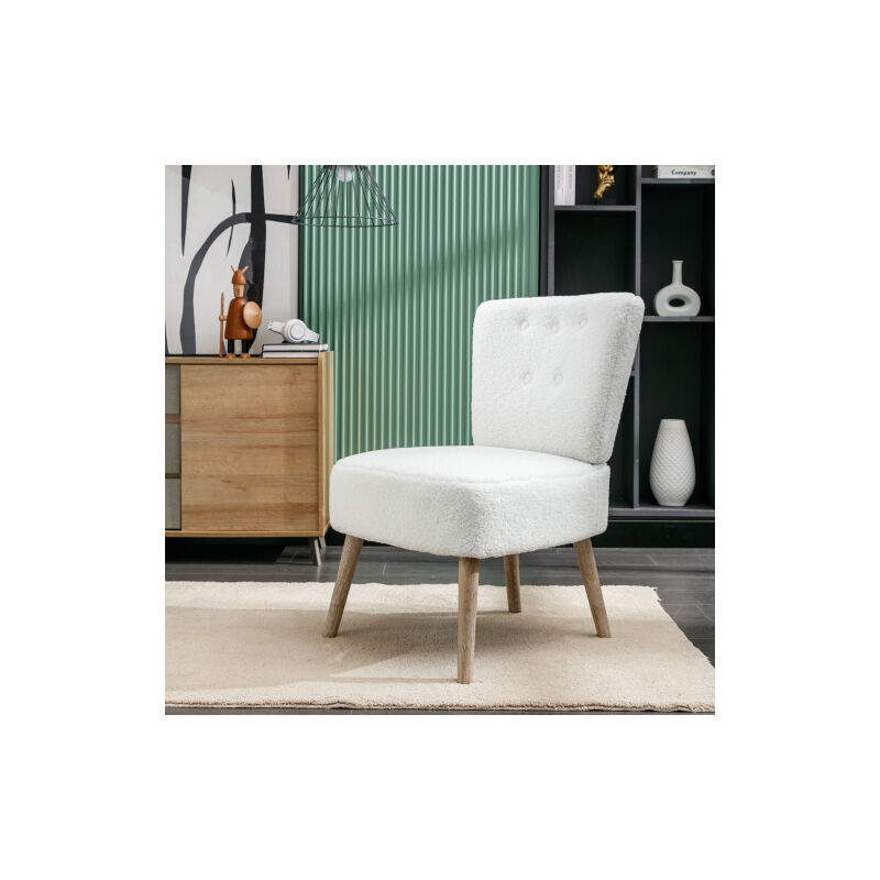 Fauteuil en velours Teddy, fauteuil capitonné avec pieds réglables en bois, sans accoudoirs, pour salon, chambre, maison, blanc