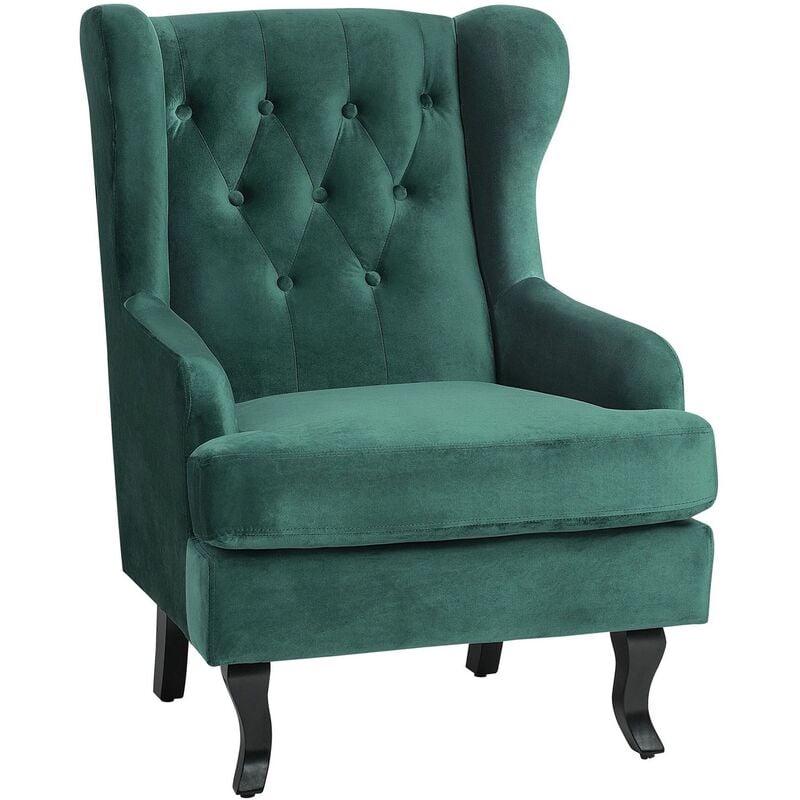 beliani - fauteuil bergère en velours vert foncé style rétro assise rembourrée pieds bois alta - noir