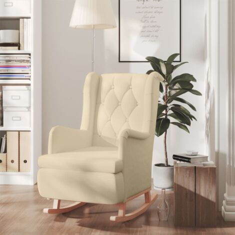 Fauteuil et pieds à bascule en bois d'hévéa solide crème Tissu vidaXL