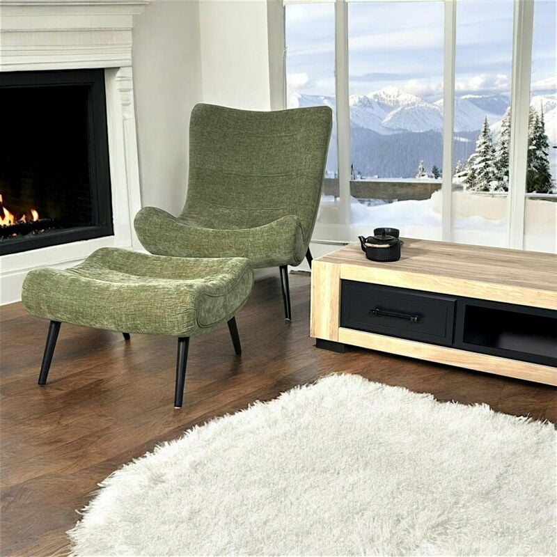 Fauteuil et pouf assortis tissu vert MALMOE