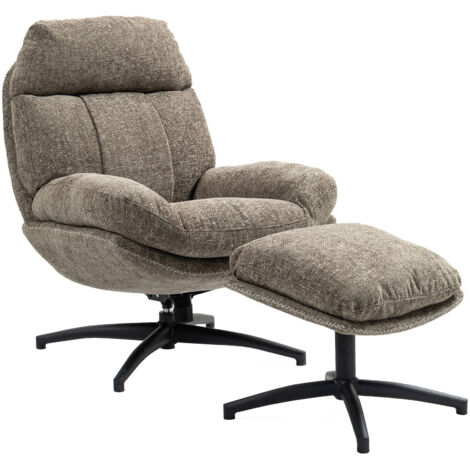Fauteuil et repose pied en tissu beige chiné - ATLAS