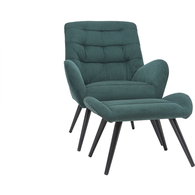 Fauteuil et repose-pieds design en tissu velours côtelé vert et métal noir zoe