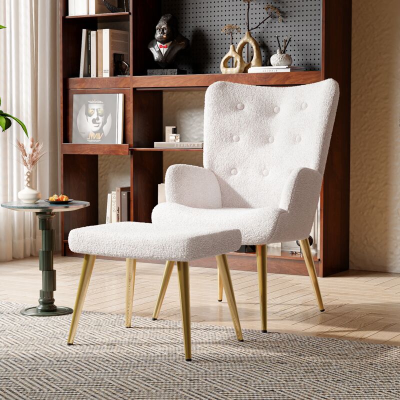 Dans Les Nuages - Fauteuil, avec tabouret, dossier, pieds en bois, fauteuil individuel en sherpa, chaise capitonné, pour Salon Chambre Vérandas