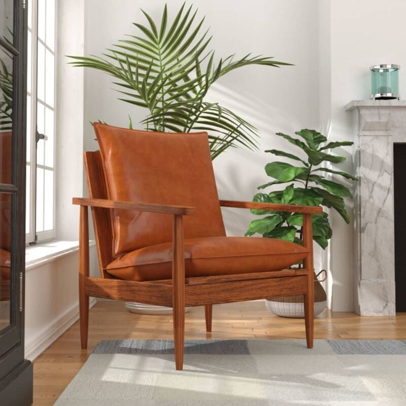 fauteuil fauteuil de relaxation fauteuil salon marron cuir véritable avec bois d'acacia 11206