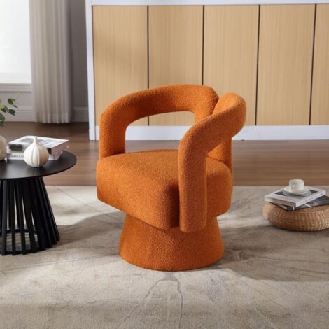 Fauteuil - Fauteuil Pivotant 360° avec Assise Capitonnée en Tissu Bouclé, Cadre Bois et Métal, Charge 150 kg, 67 x 55 x 74 cm, Orange