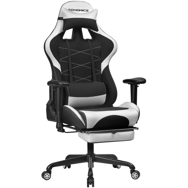 Songmics - Fauteuil Gamer avec Repose-Pieds, Siège de Bureau Racing, Ergonomique, Coussin Lombaire, Cadre en Acier, Dossier Haut, Revêtement en pu et