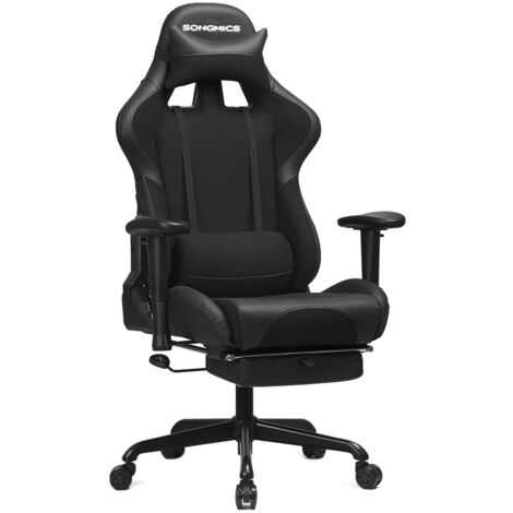 Fauteuil Gamer Avec Repose Pieds Siege De Bureau Racing Ergonomique Coussin Lombaire Cadre En Acier Dossier Haut Revetement En Pu Et Polyester Charge 150kg Noir Rcg52bk