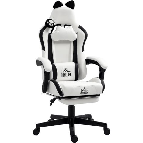 Fauteuil gamer blanc chat, chaise gaming ergonomique avec oreilles de chat, dossier inclinable, 65x62x124 cm, siège joueur confortable pour bureau gaming.