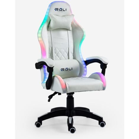 EGLI Fauteuil gamer blanc fauteuil LED ergonomique inclinable avec coussin Pixy