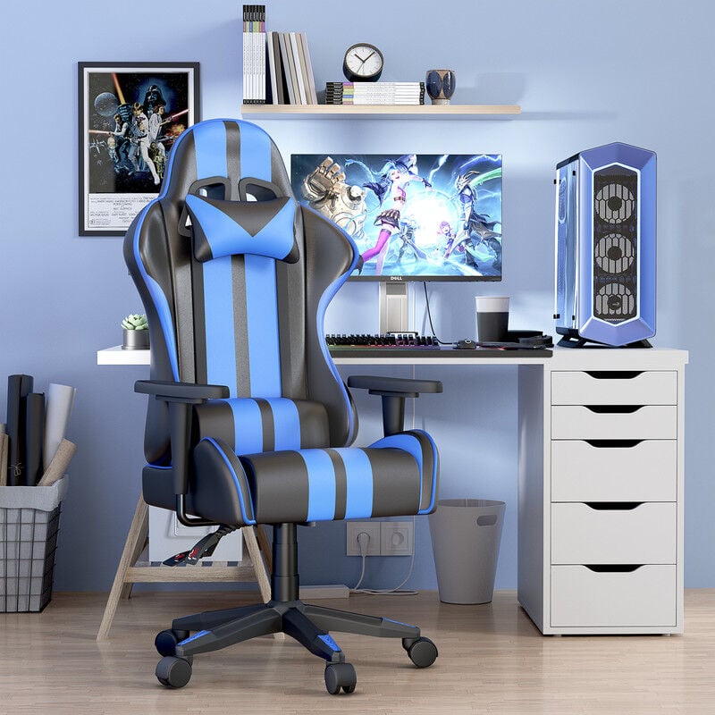 Rattantree - Fauteuil gamer, Chaise gaming, Chaise de bureau Réglable Pivotant, Bleu - Bleu