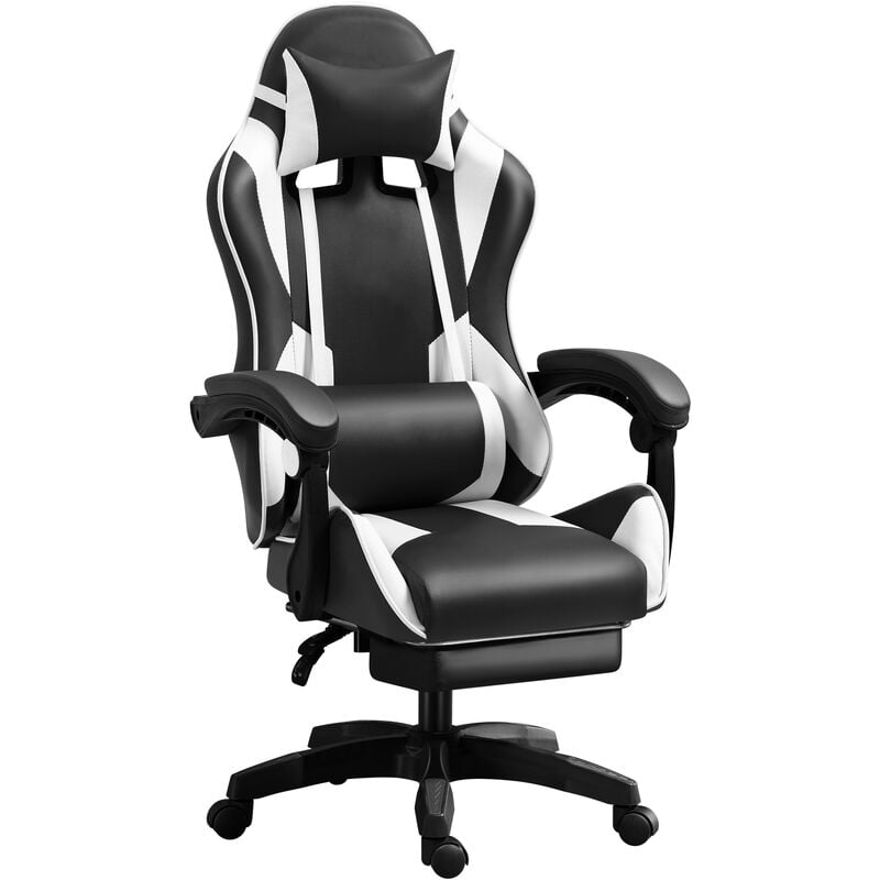 Fauteuil gamer - Chaise gaming - Chaise de bureau ergonomique - Hauteur Réglable - Support lombaire et Repose-pieds - Charge 120 kg - Noir et Blanc