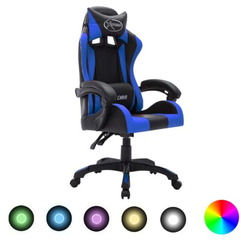 Fauteuil gamer Chaise gaming Fauteuil de jeux vidéo avec LED RVB Bleu et noir Similicuir 34035