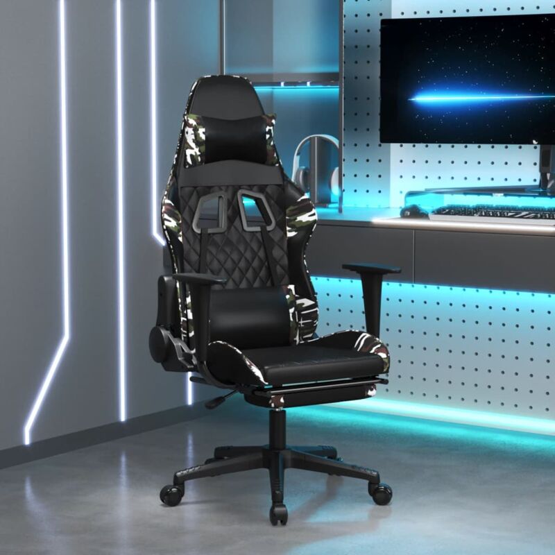 Design In - Fauteuil gamer de massage Chaise de bureau - Fauteuil de jeu repose-pied Noir&Camouflage Similicuir -57378