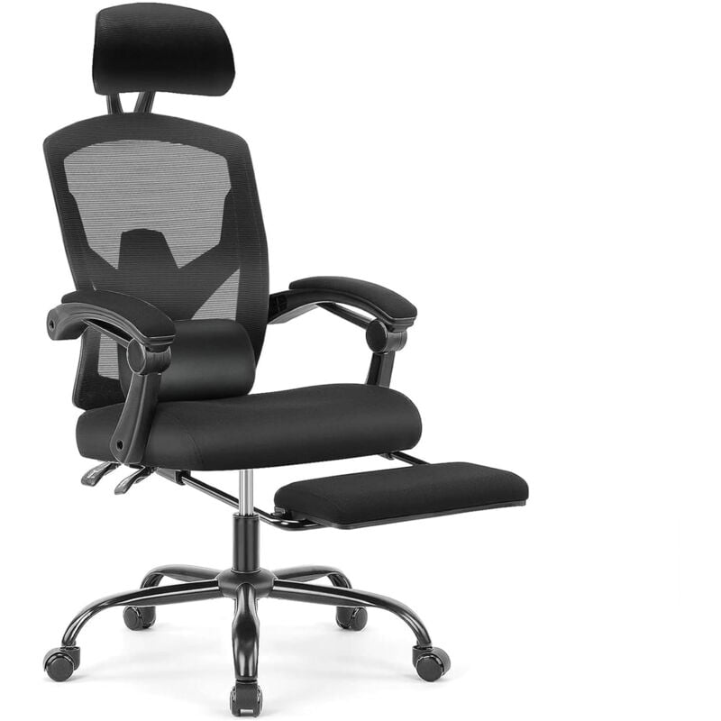 Fauteuil Gamer Ergonomique, Chaise Gaming, Fauteuil de Bureau, Pédale réglable, Appui-tête réglable, Support Lombaire, Noir
