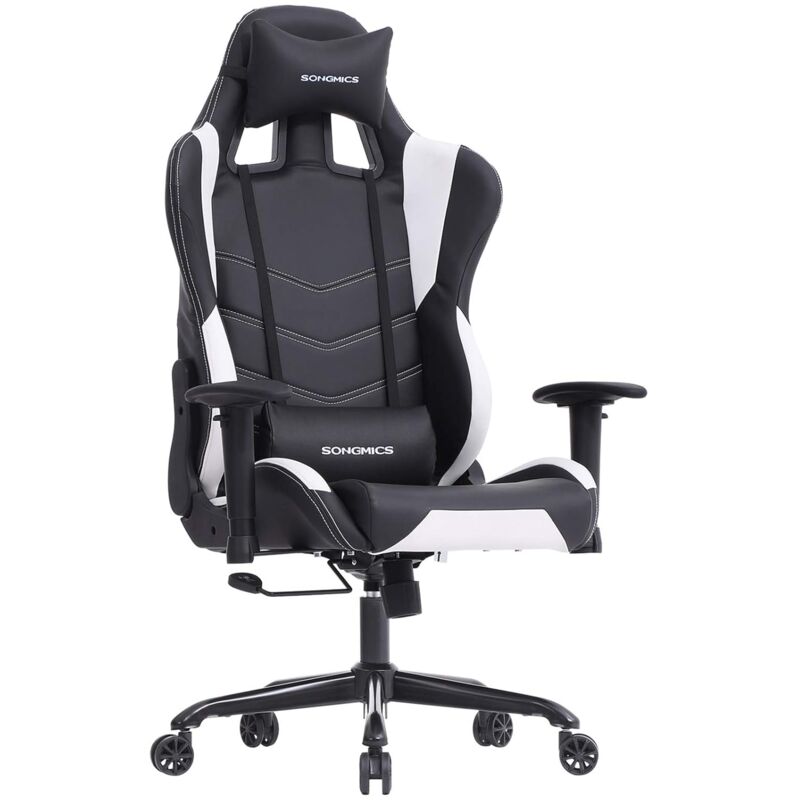 Fauteuil Gamer Ergonomique Fauteuil De Bureau Hauteur Reglable Avec Appui Tete Et Support Lombaire Accoudoirs 2d Mecanisme Basculant Dossier Inclinable A 135 Pu Noir Blanc Rcg12w