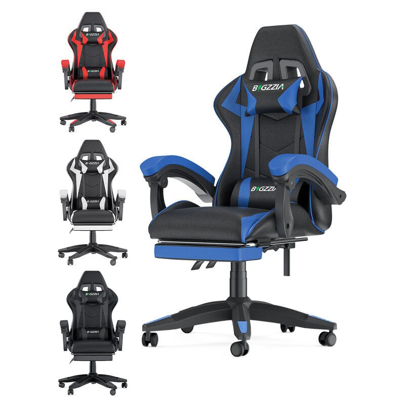Fauteuil gamer ergonomique Rattantree Chaise de bureau - Avec appui-tête, Support lombaire et Repose-pieds - Hauteur Réglable - Noir et Bleu
