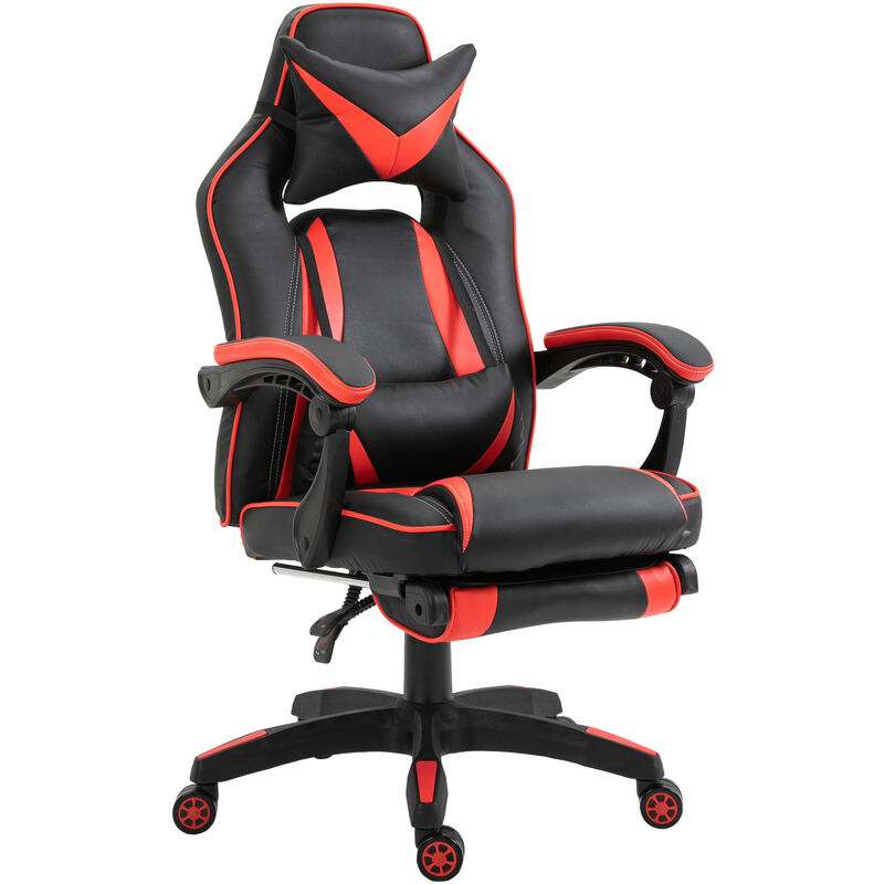 Homcom - Fauteuil gamer grand confort fauteuil de bureau gamer pivotant inclinable avec coussins et repose-pieds revêtement synthétique noir rouge