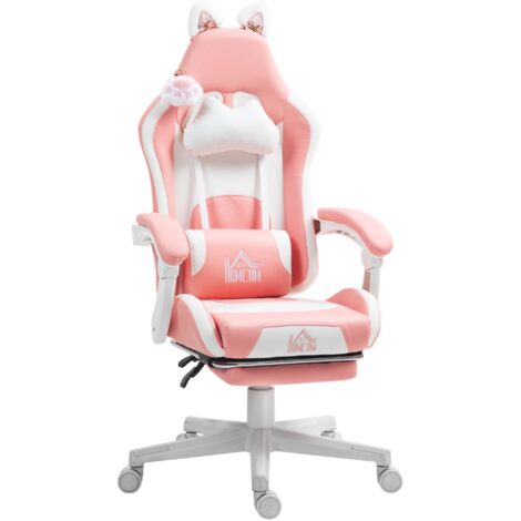 Fauteuil Gaming avec Appui-tête et Support Lombaire, Inclinable, Repose-Pieds, Similicuir, Rose