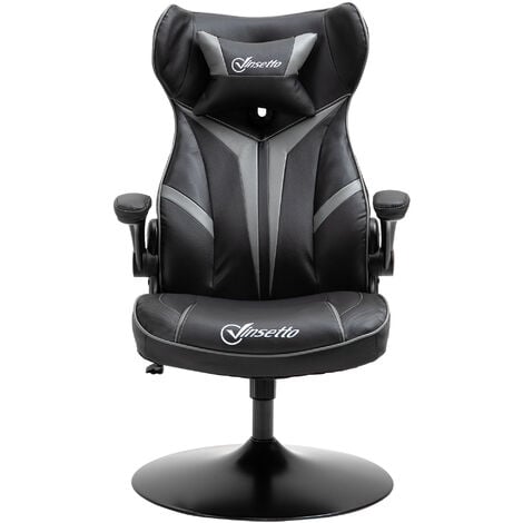 Fauteuil gaming base ronde métal pivotante 360° hauteur réglable tétière accoudoirs relevables PVC gris noir
