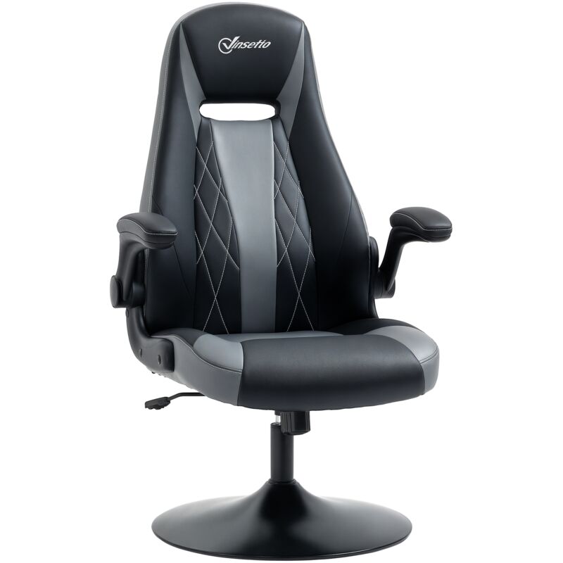 Vinsetto - Fauteuil gaming base ronde métal pivotante 360° hauteur réglable fonction dossier bascule accoudoirs relevables pu gris noir