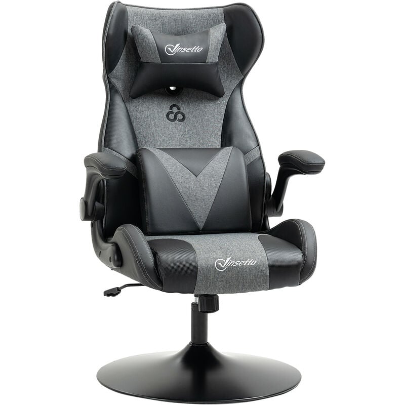 Vinsetto - Fauteuil gaming base ronde métal pivotante 360° hauteur réglable tétière coussin lombaires accoudoirs relevables pu tissu gris noir