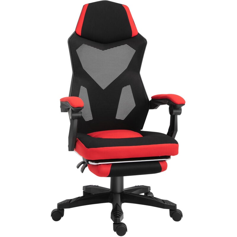 Fauteuil gaming chaise gamer dossier et hauteur réglable roulettes pivotantes repose-pied tissu maille rouge noir