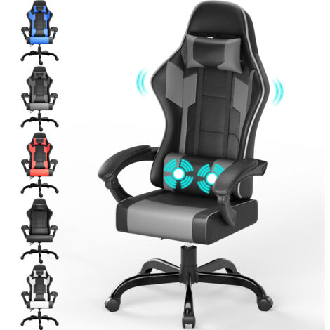 Fauteuil gaming DEVOKO - Fauteuil gaming ergonomique inclinable - Avec repose-pieds rétractable - Hauteur réglable - Appuie-tête, soutien lombaire, capacité de charge de 150 kg, noir et gris