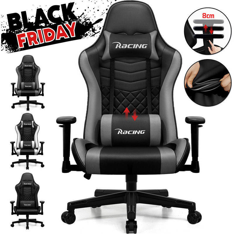 Authmic - Chaise Gaming,fauteuil Gaming Ergonomique avec inclinable 90° à 170°,hauteur et coussins réglables-Gris