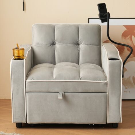 Fauteuil gigogne 3 en 1 convertible - Canapé lit inclinable avec porte-gobelets et support smartphone - Idéal petits espaces 83x167x76cm - Siège multifonctionnel pour salon et chambre d'amis