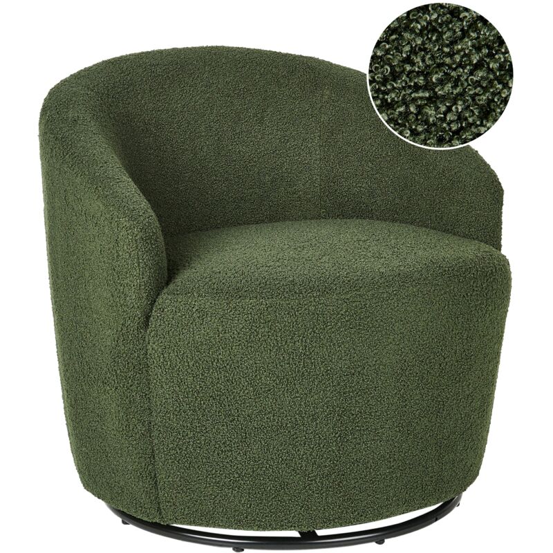 Fauteuil Glam en Bouclé Pivotant 360 ° Dossier Courbe Base Noir Vert Davik