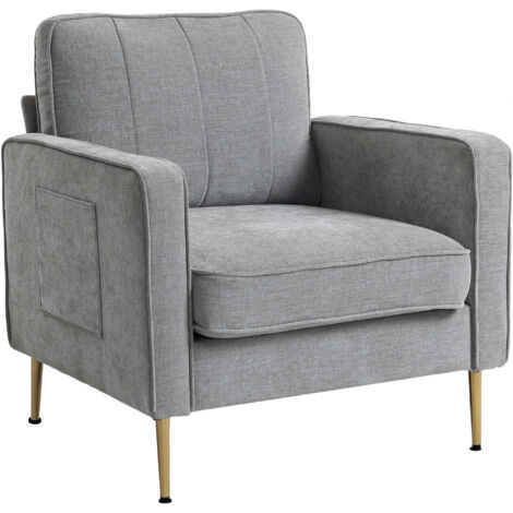 Fauteuil gris en tissu, pieds acier doré, grand confort, poches latérales, salon, bureau, chambre