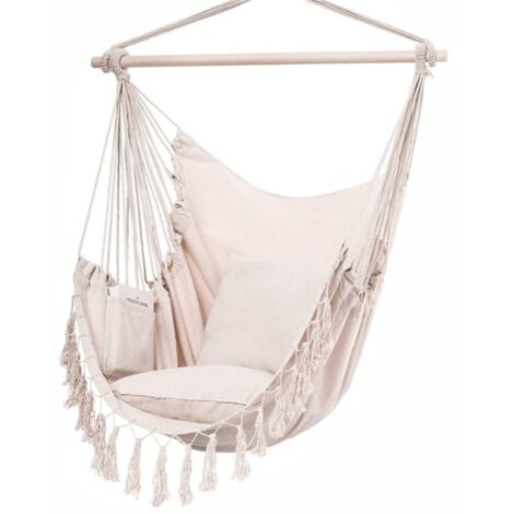 fauteuil hamac suspendu en coton pour jardin et terrasse exterieur couleur blanc crème avec barres en bois et deux coussins pour loisir et détente